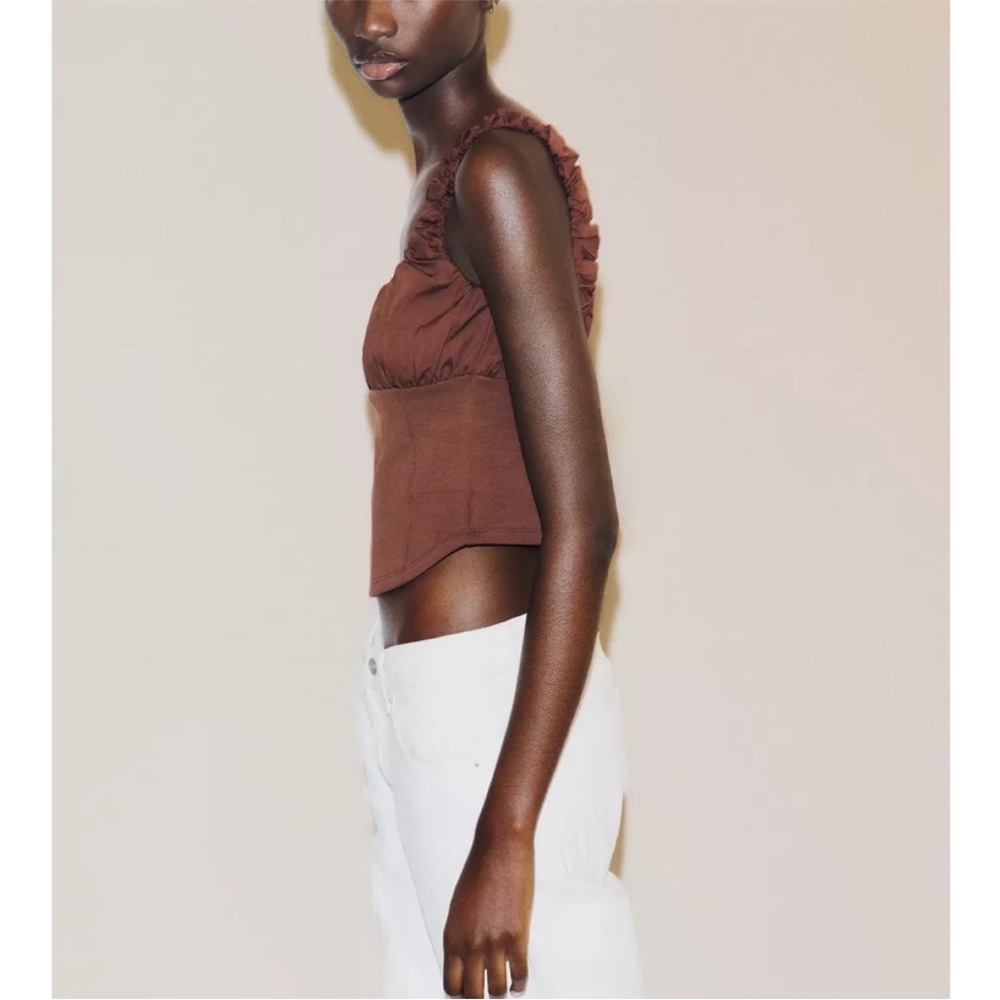 NWT Zara Brown Mixed Interlock Poplin Ruched Crop Top - Picture 4 of 7